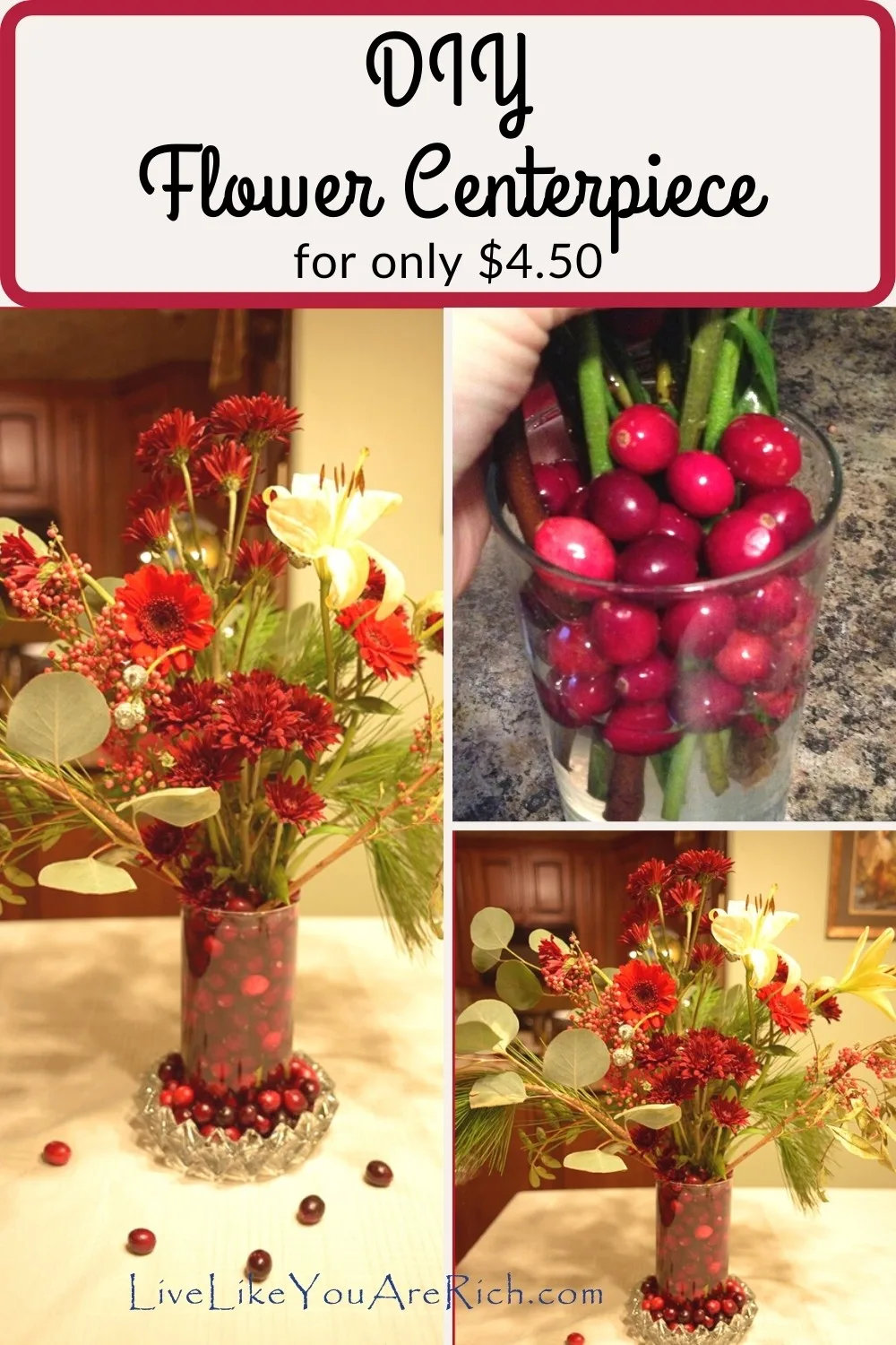D.I.Y. $4.50 Centerpiece. Impress guests with fresh flowers, cranberries and more this winter without spending over $5.00