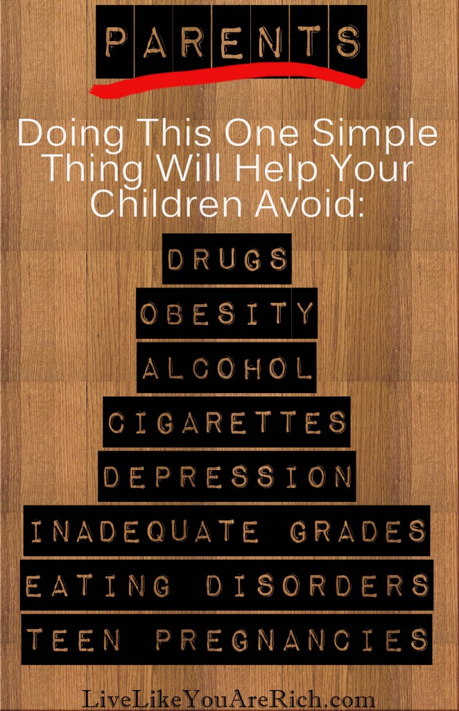 Parents: Doing this one simple thing will help your children avoid: Drugs, Obesity, Cigarettes, Inadequate Grades, Eating Disorders, and Teen Pregnancies