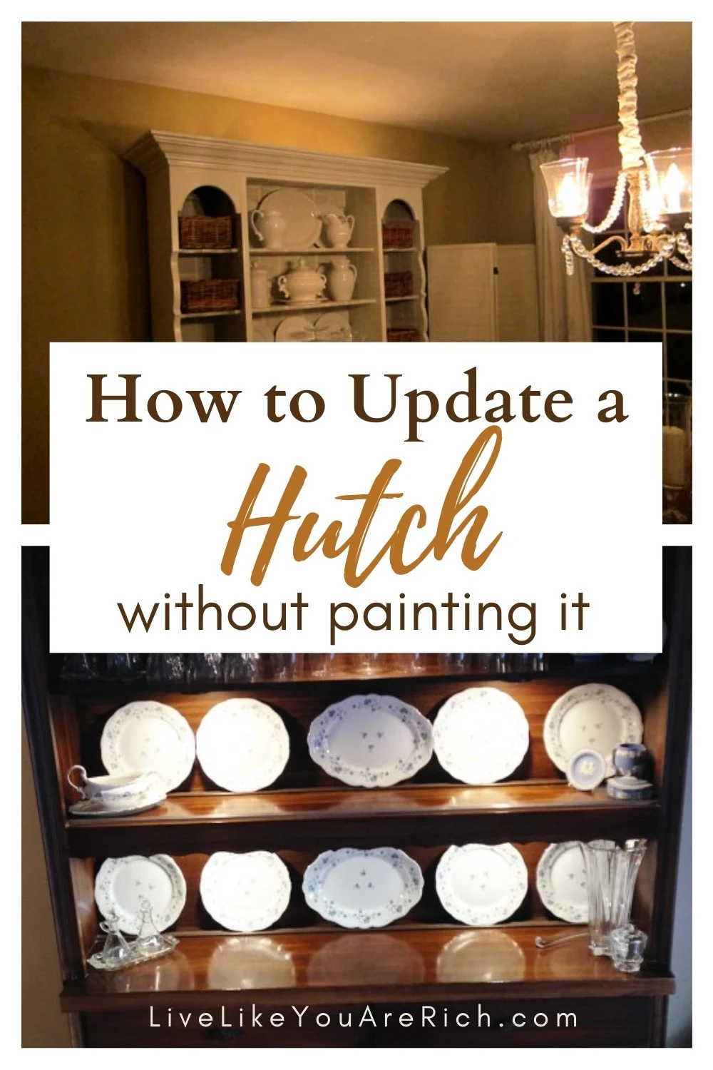 You don’t have to painstakingly sand, prime and paint an old hutch in order to update it. My mom has a gorgeous very large hutch. We are renovating her dining room and wanting to update it. Ultimately repainting it was going to be too much work. Plus, it already matched the new hard wood and dining room set, and even the  french doors. So we decided to come up with other ways to update it. Here are 9 ways to update a hutch without repainting it. #hutch #makeover