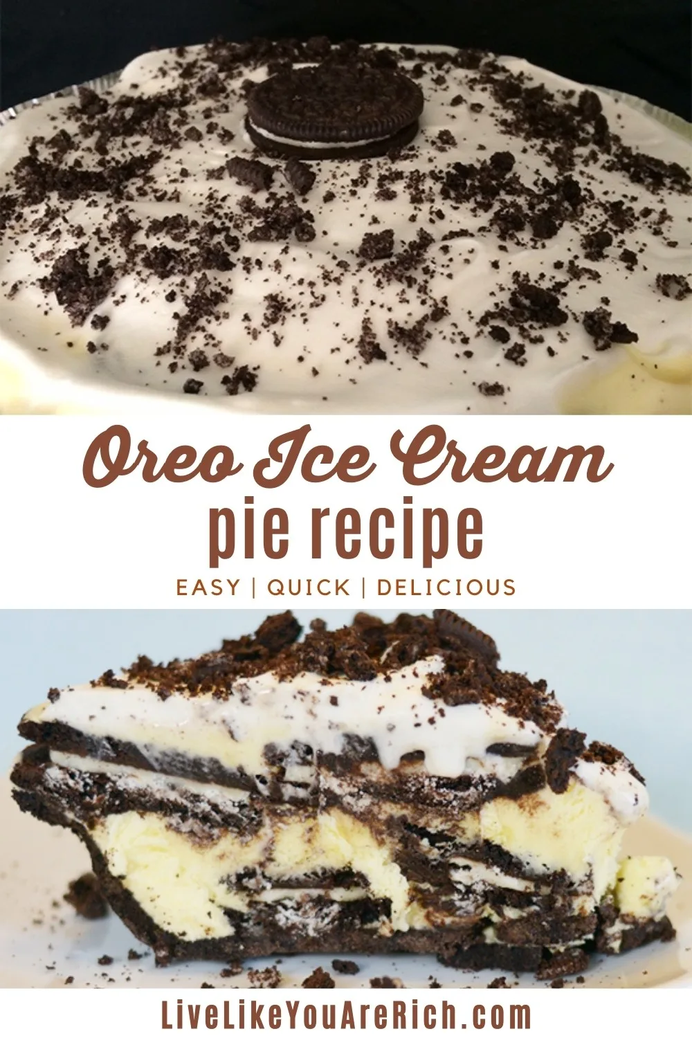 This super easy Oreo Ice Cream Pie recipe is so easy to make, quick, and absolutely delicious. It can be served very cold or frozen. I personally like it frozen because it is like an ice cream cake but instead it is an ice cream pie. #oreoicecream #pie