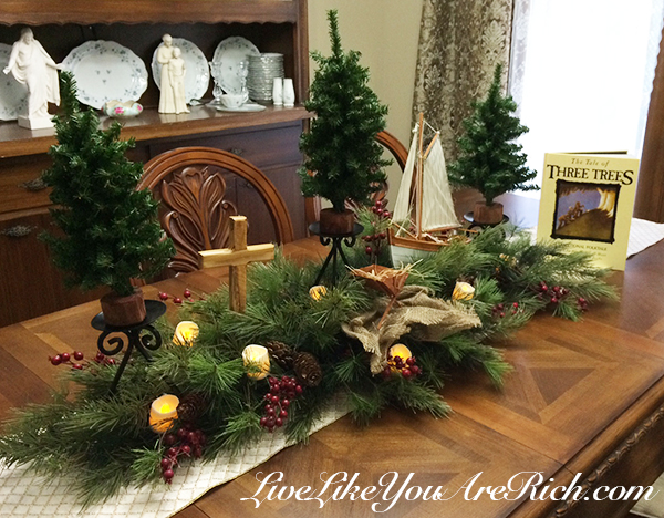 The Tale of Three Trees as a Center or Mantlepiece -Easy to assemble and timeless/classic decor. Christ-centered decoration based on the popular and loved folktale the Tale of Three Trees.