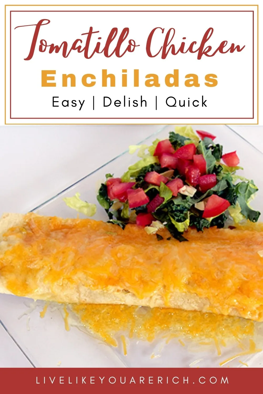 This tomatillo chicken enchilada recipe is an amazing recipe that can be prepped in about 7 minutes or less. You can make it all from cans or use as many fresh ingredients as you desire. #enchiladas #tomatillochicken