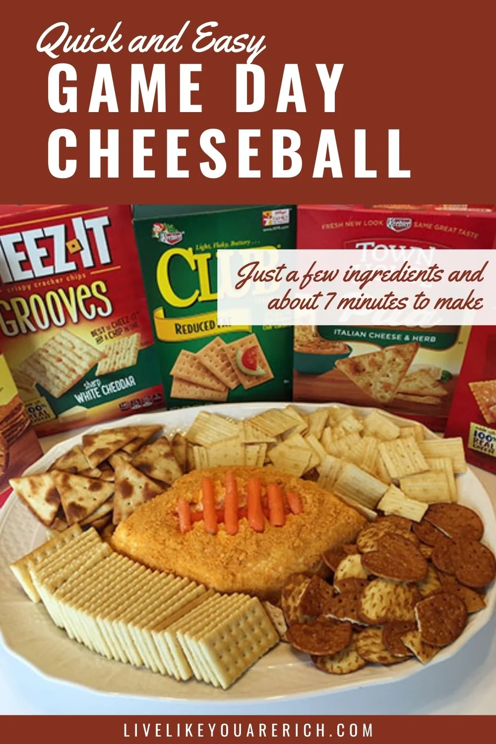 Game Day Cheeseball. This game day Cheeseball dip is very simple. You need just a few ingredients and about 7 minutes to make it. This is a perfect football game party, tailgating and game day foods. #tgamedayfood #cheeseball 