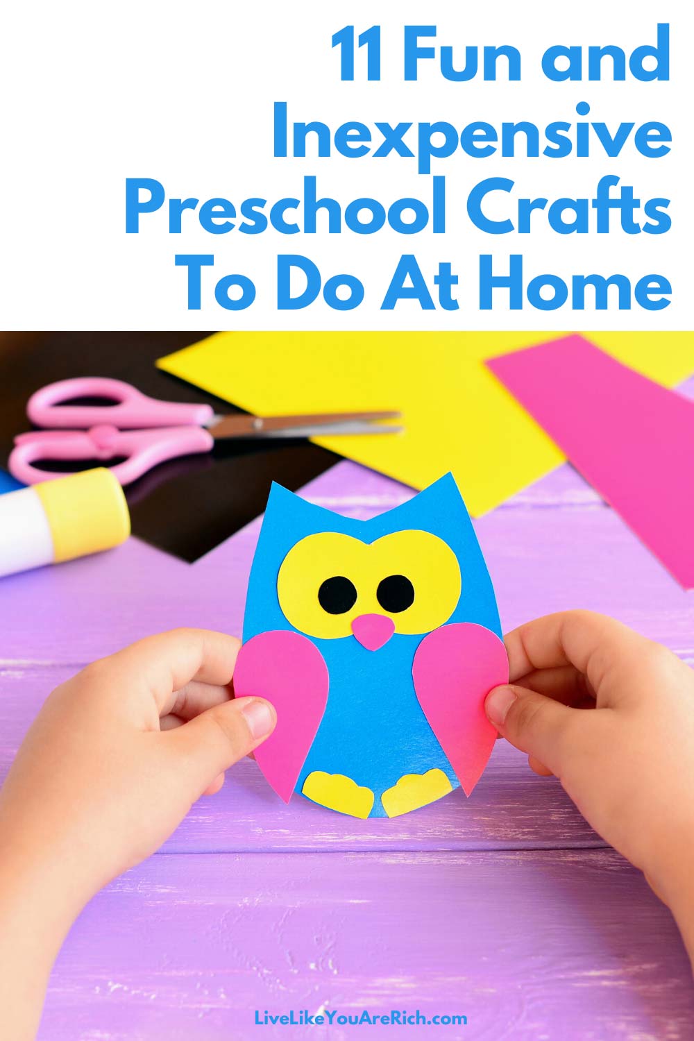 Looking for fun preschool age crafts to do at home? Here are some great ones I've rounded up. They are simple, inexpensive, and fun for kids ages 2-5. #crafts #kidsactivities #activitiesforkids 