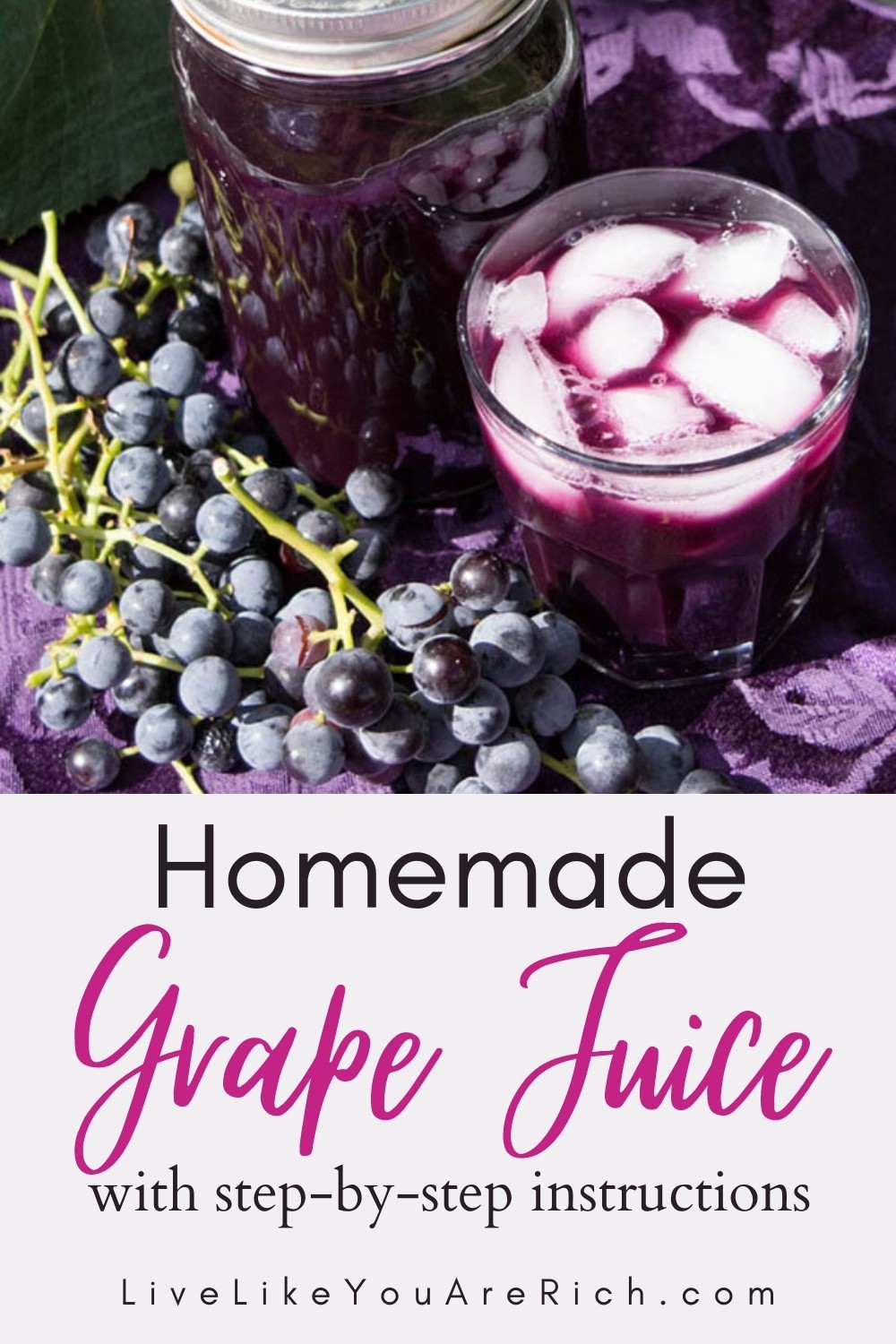 My mom has been an avid concord grape grower. She has many beautiful vines that produce a lot of grapes each Fall. Each Fall, we pick the grapes and juice them. My family and friends love the grape juice — especially mixed with Sprite or pink lemonade and chilled with ice. I’m sharing how she makes this homemade concord grape juice recipe. #grapejuice #concordgrapejuice