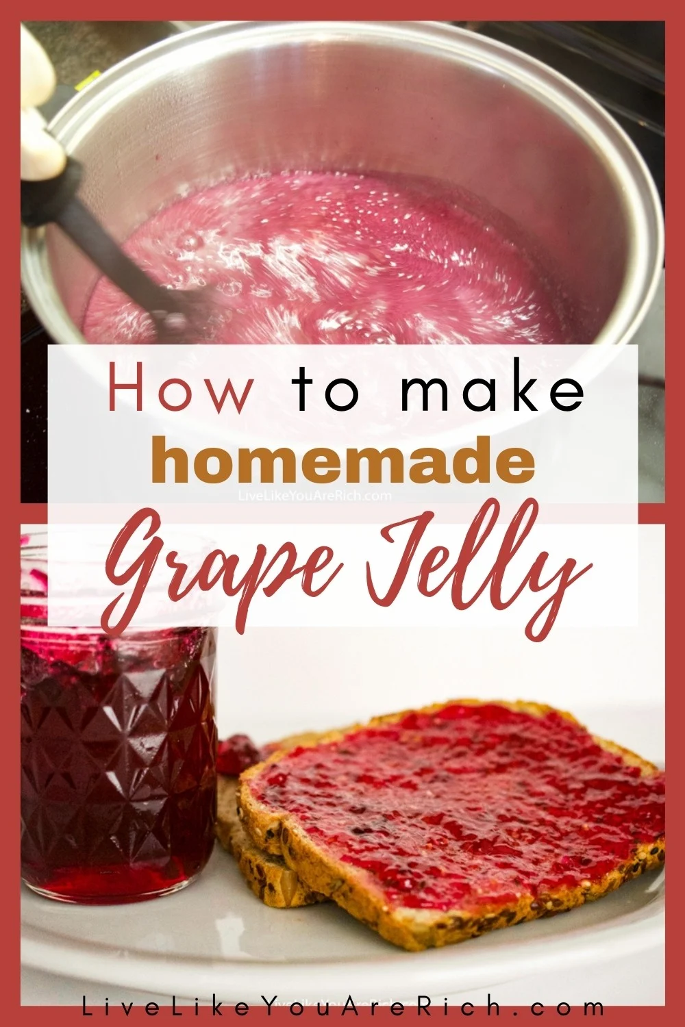 This is my favorite jelly! It is so flavorful, sweet, and delicious! It is easy and quick to make, especially considering the fact that the extras will store for up to a year. I’d highly recommend trying this fantastic recipe. #grapejelly 
