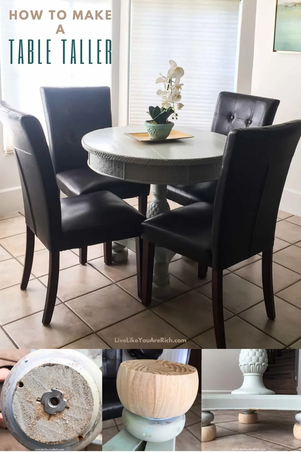My little table measures just over 30 inches tall and fits my dining chairs perfectly. I have had a guest who is 6’3″ sit at the table comfortably. It has been very functional and was inexpensive, easy, and quick. I hope this is helpful if you need to make a table taller as well! #table #tablemakeover #diy