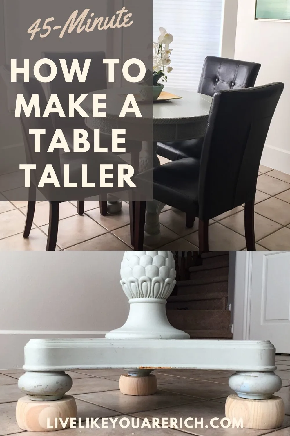 I have a small table that I bought 5 years ago. I decided to make it taller. My little table measures just over 30 inches tall and fits my dining chairs perfectly. It has been very functional and was inexpensive, easy, and quick. I hope this is helpful if you need to make a table taller as well!