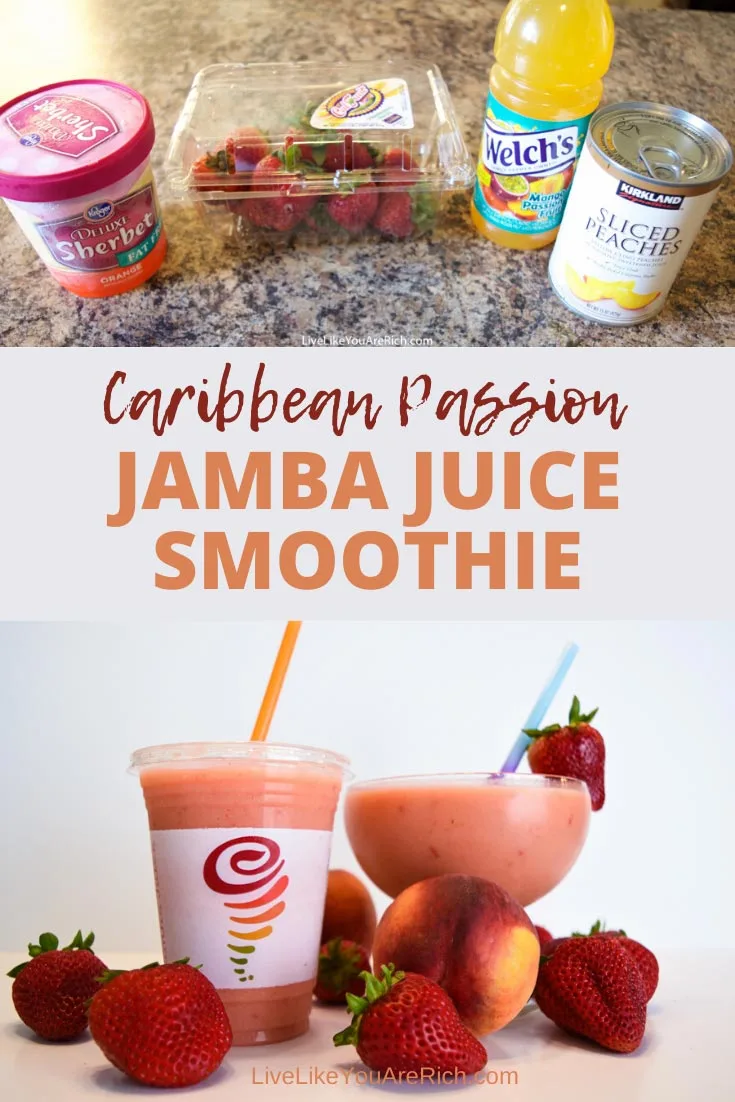 This Jamba Juice Caribbean Passion Smoothie Copycat recipe is creamy and delicious! Made with mango passion juice, frozen peaches, strawberries, and orange sherbet. #jambajuice #smoothie