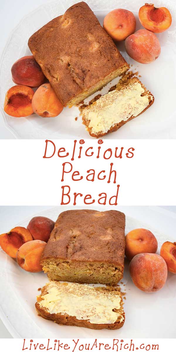 This Delicious Peach Bread Recipe is quite easy to make. It is nice and soft with bits of peaches to bite into. The peaches are complimented well by vanilla and cinnamon sugar flavors. It's a wonderful way to enjoy summer's best peaches!