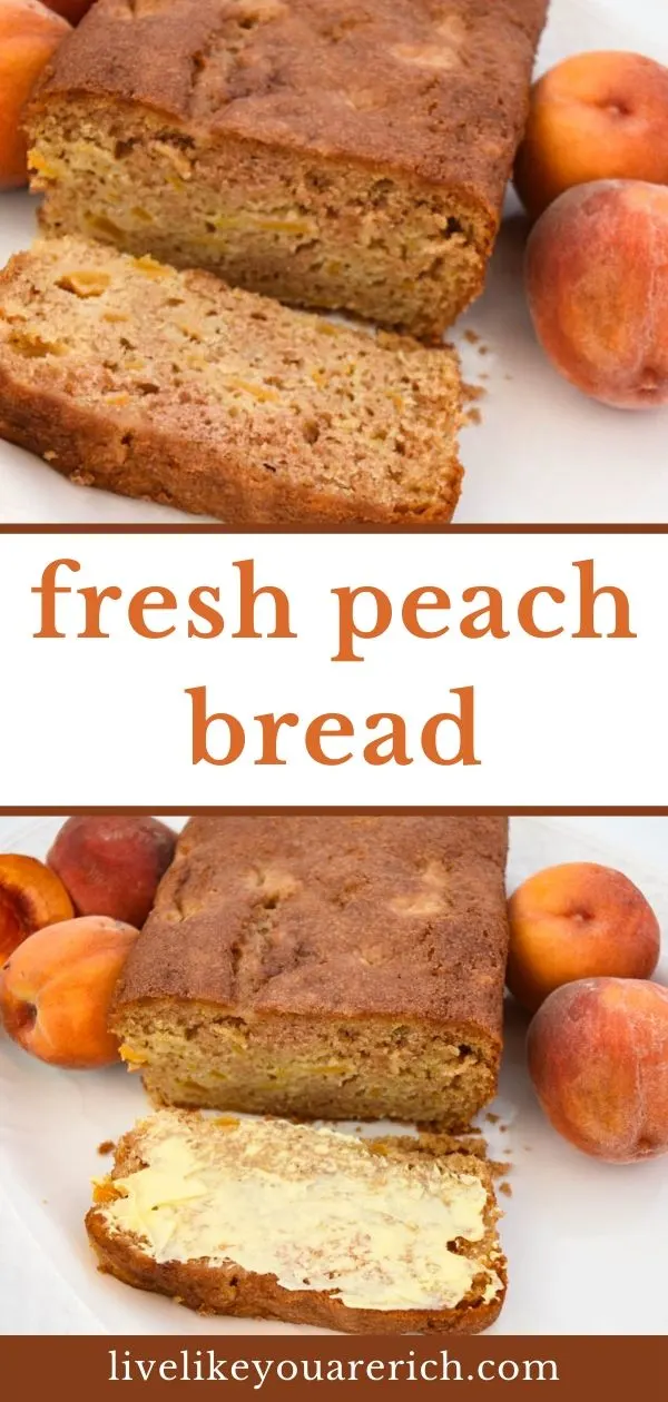 This Delicious Peach Bread Recipe is quite easy to make. It is nice and soft with bits of peaches to bite into. The peaches are complimented well by vanilla and cinnamon sugar flavors. It's a wonderful way to enjoy summer's best peaches!