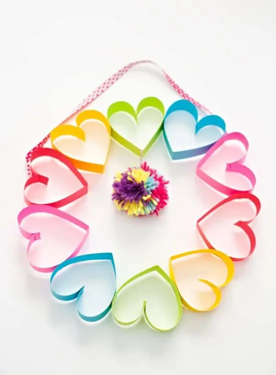 Rainbow Heart Paper Pom Pom Wreath
