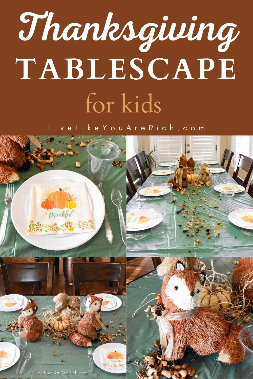 I get to host Thanksgiving dinner and made a Thanksgiving tablescape for kids. This Thanksgiving Tablescape for Kids was very inexpensive to put together. It cost less than $30.00. I had the paper/plastic products. The tablecloth and napkins were $1.00 each at the Dollar Tree. #thanksgiving #thanksgivingtablescape 