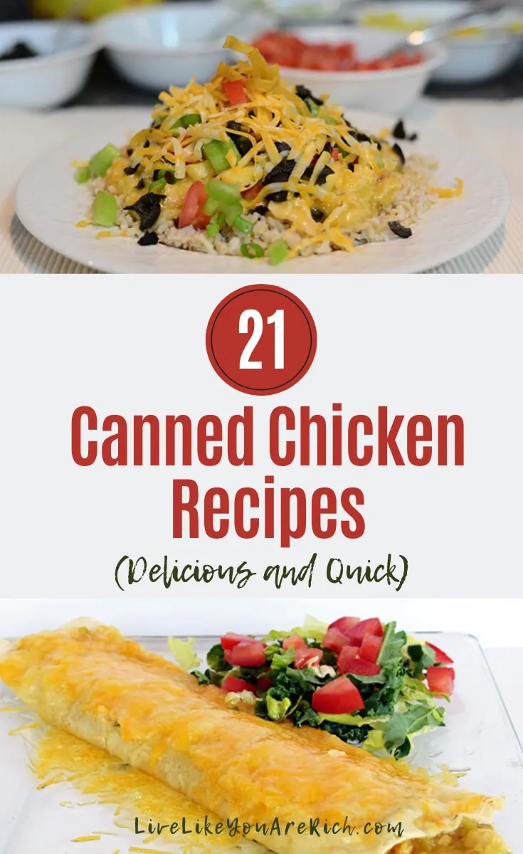 I have A LOT of canned chicken. I realized that I need to make more meals with it—especially since it is a convenient and inexpensive way to add protein to a meal. So, I went on a canned-chicken-recipe hunt on Pinterest. I found some excellent recipes, and I thought I’d share them with you. #chicken #cannedchickenrecipes