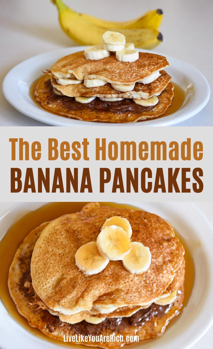 This recipe can be prepped in just a few minutes! Excellent with a variety of toppings: peanut butter, Nutella, honey, syrup, butter, jelly, fresh fruit, and/or whipping cream. #breakfast #pancakes #bananapancake