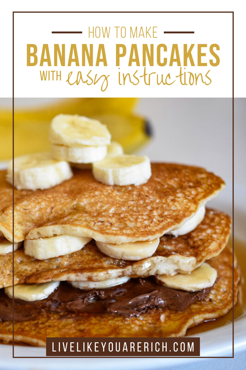 This recipe can be prepped in just a few minutes! Excellent with a variety of toppings: peanut butter, Nutella, honey, syrup, butter, jelly, fresh fruit, and/or whipping cream. #breakfast #pancakes #bananapancake