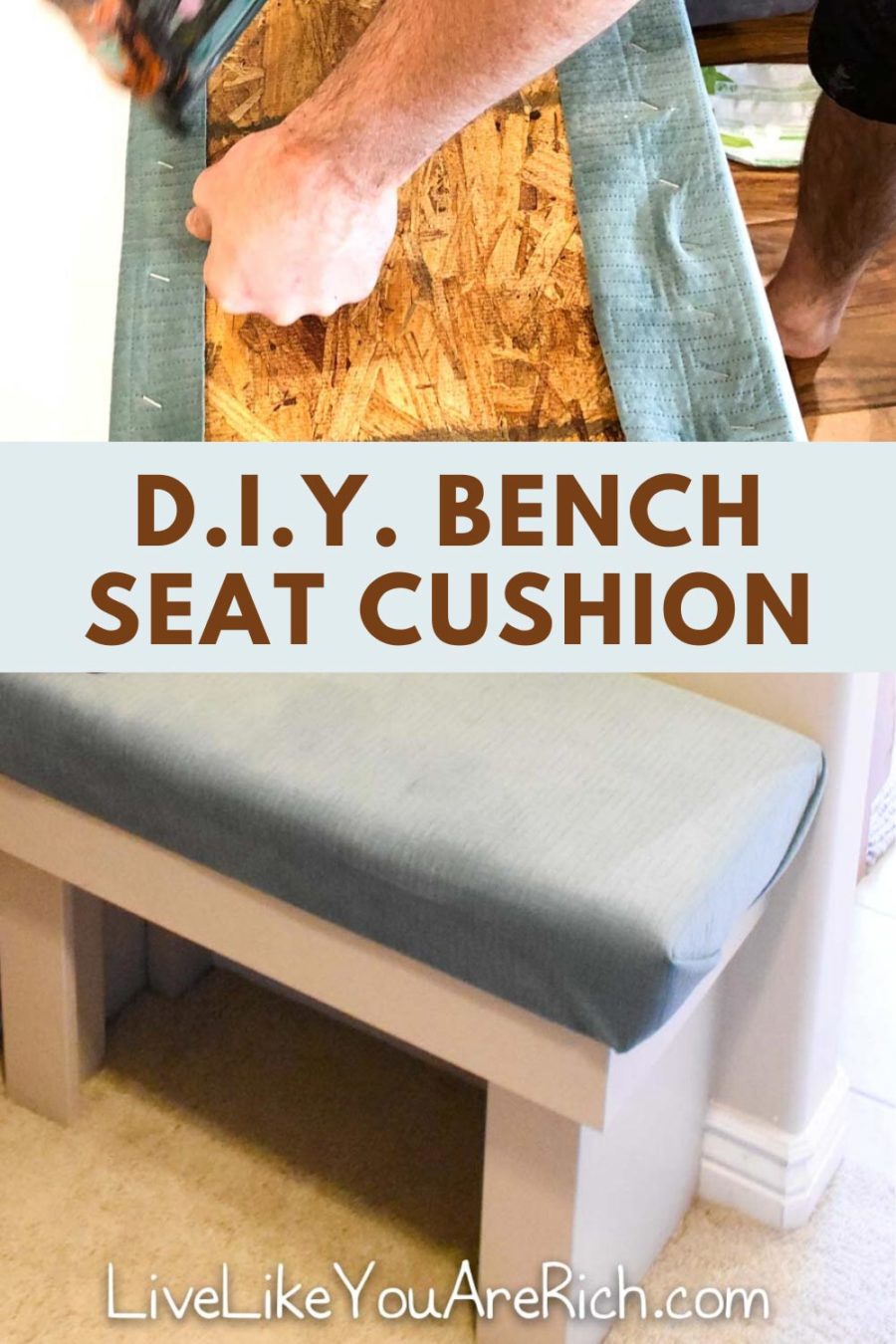 Making a DIY Bench Seat Cushion was super easy to do! After gathering the materials, it only took me about 15 minutes to make. I know you can make one too. #diy #bench #seatcushion