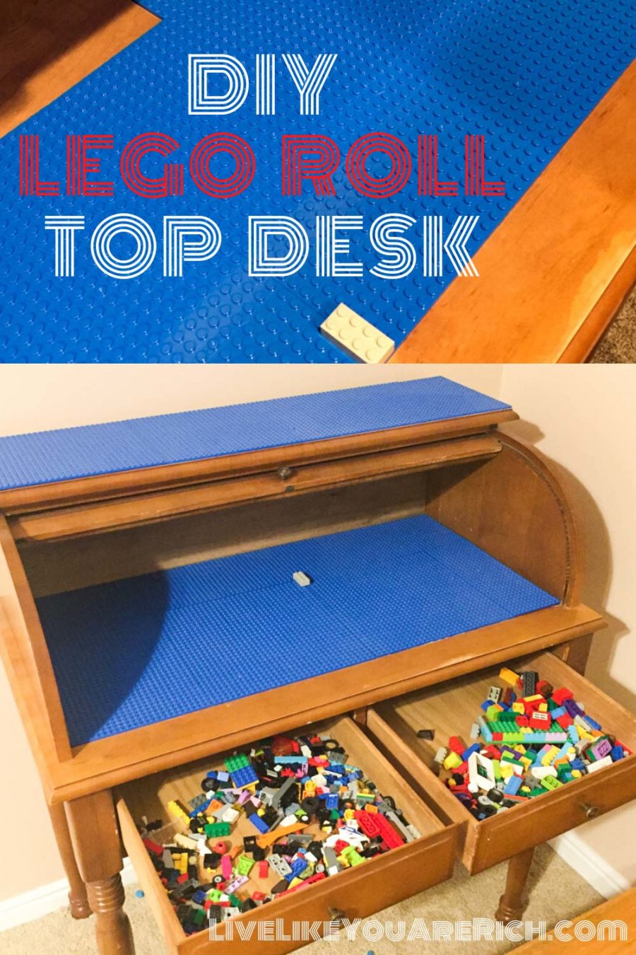 I wanted to make a DIY Lego Desk or table for my son’s legos. I got a roll-top desk for $20.00 on a local classified ad site. Together, with a friend, we built a customized DIY lego roll top desk. The kids have absolutely love it.  #diy #legodesk #diyproject #legostand 