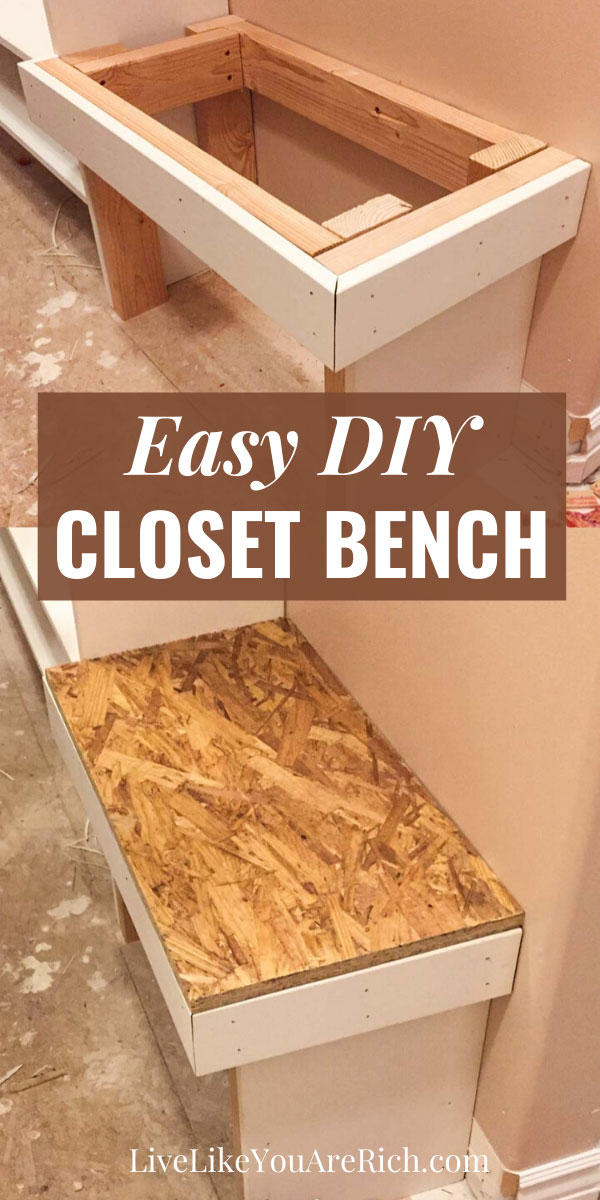 When remodeling a master closet, you may consider having an additional bench seat. This tutorial outlines how to make a closet bench similar to ours. #diy #bench #closet