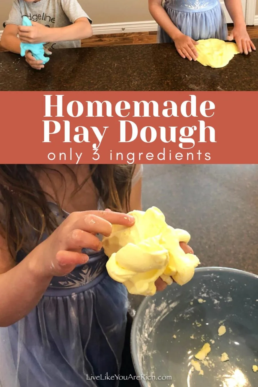 If you are looking for a FUN quick activity to do with kids, this 1 minute homemade play dough is a fun sensory project that will keep kids entertained for hours. It only requires 3 common household ingredients is easy, quick to make, nice to touch and inexpensive. #activitiesforkids #kidsactivities #playdough