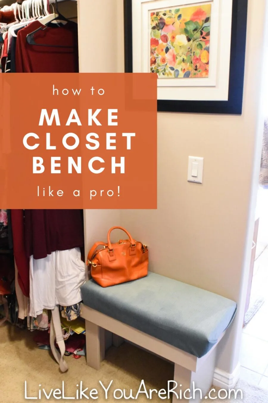 When remodeling a master closet, you may consider having an additional bench seat. This tutorial outlines how to make a closet bench similar to ours. #diy #bench #closet