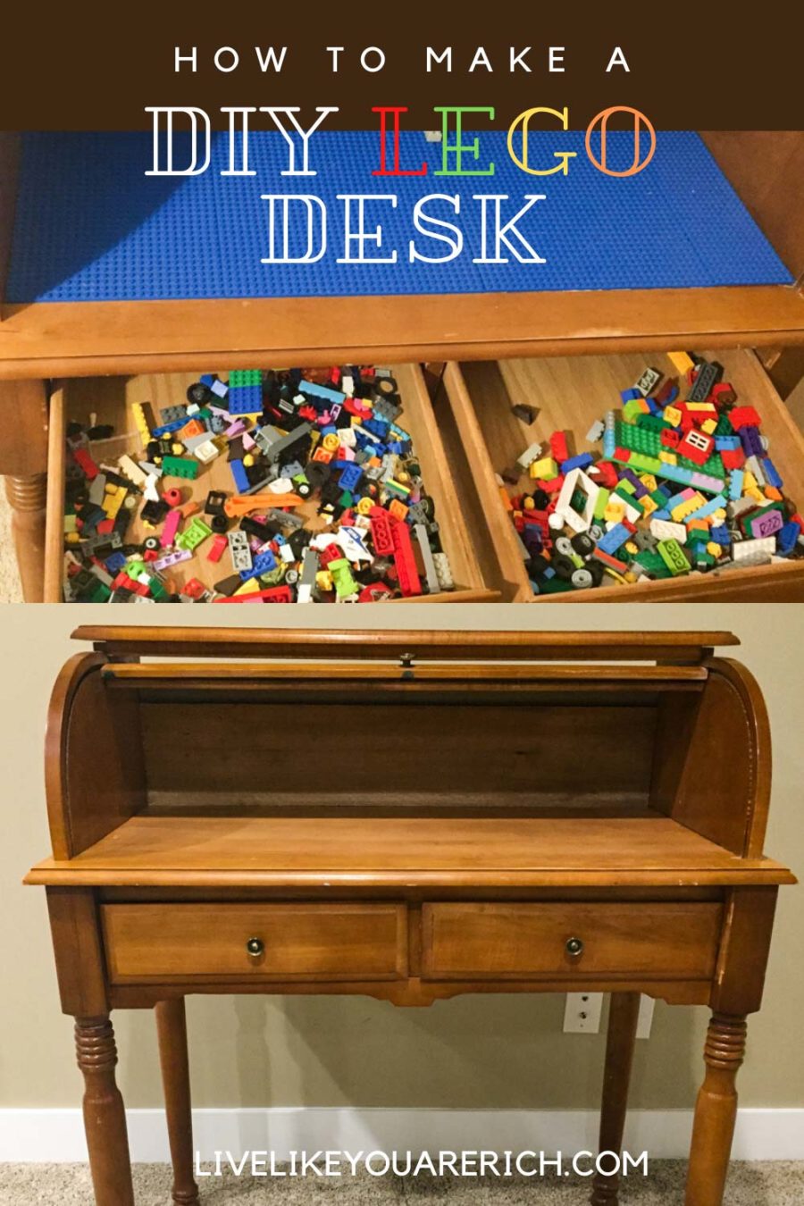 I wanted to make a DIY Lego Desk or table for my son’s legos. I got a roll-top desk for $20.00 on a local classified ad site. Together, with a friend, we built a customized DIY lego roll top desk. The kids have absolutely love it.  #diy #legodesk #diyproject #legostand