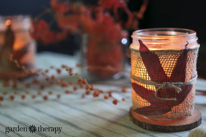 Burlap Wrapped Mason Jar Autumn Candles