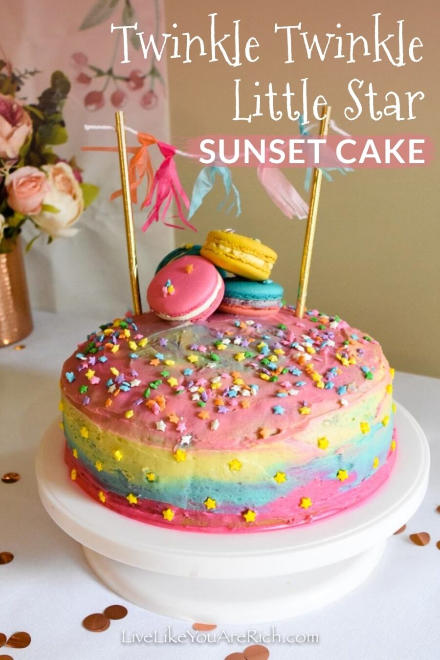 I was planning a Twinkle Twinkle Little Star Party for my one year old's first birthday. My decor called for color. So, I decided that since you can sometimes see a few bright stars at sunset, I would make two Twinkle Twinkle Little Star "Sunset Cake". They were very simple to make and turned out quite cute.