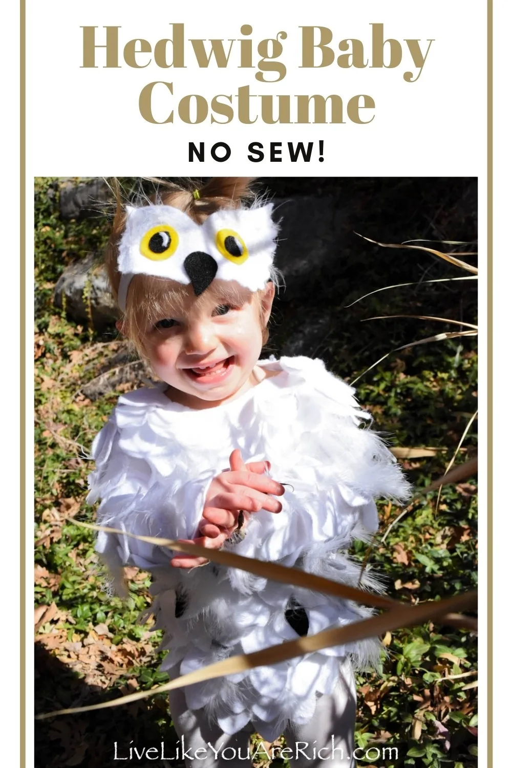 This is a great Hedwig no sew baby costume. It was easy, quick, inexpensive, and turned out very customized and cute. I also appreciated the fact that my baby didn’t have to hold anything to wear it. The costume is similar to what she normally wears daily, so it felt natural and easy for her to walk around in. #halloweencostume #harrypotter #hedwigbabyowlcostume