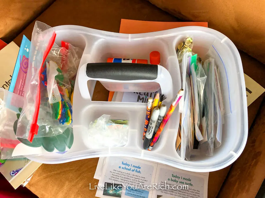 Supplies in an organizational box.