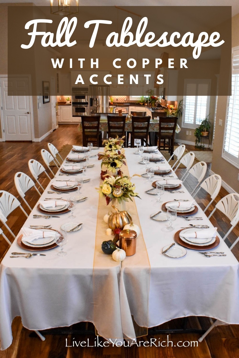 I love Thanksgiving and because it makes me remember how much I am grateful for. To celebrate it, I like formal Thanksgiving tablescapes. This Fall Tablescape with Copper accents was fun to create for my family. I hope this Fall tablescape with copper accents helps you with ideas of how to decorate for your fall feasts as well. #falltablescape #copperaccents #thanksgiving