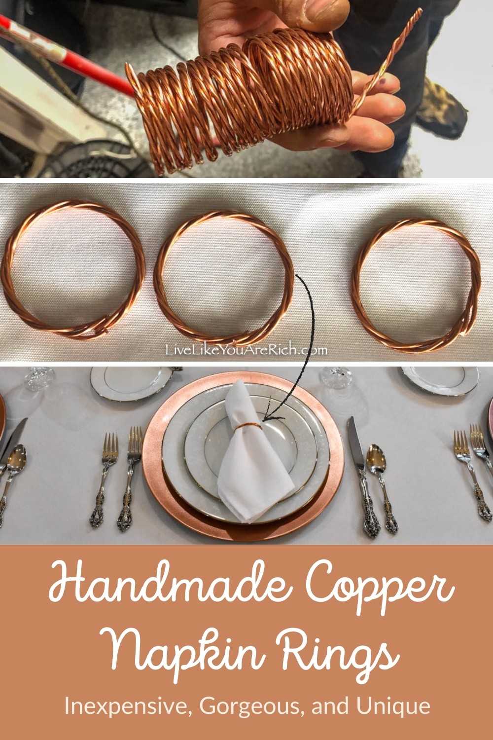 These inexpensive handmade real copper napkin rings were simple to make and only cost about .20 cents each. They are a great option for napkin rings if you have a big group or if you have a copper accented tablescape. #coppernapkinring #thanksgiving #napkinring 