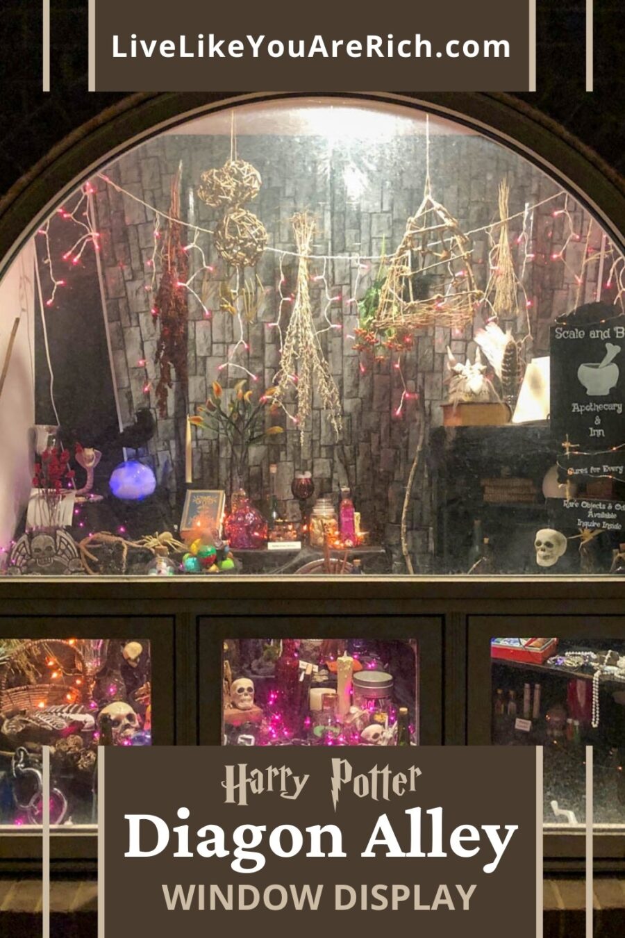 This Diagon Alley Window Display is just amazing. It was expertly put together and is full of fun and spooky details. If you love Harry Potter, you will love Scale and Bone in Diagon Alley shop. #harrypotter #diagonalley