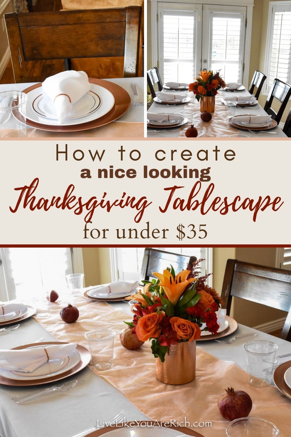 If you don’t have fine china, crystal, and real silverware, you can still have a nice looking tablescape! This inexpensive thanksgiving tablescape cost less than $35.00 to put together, plus there was little-to-no clean up. I’ll share my money-saving tips below. Here is how to create a nice looking yet inexpensive tablescape for under $35.00. #thanksgiving #thanksgivingtablescape