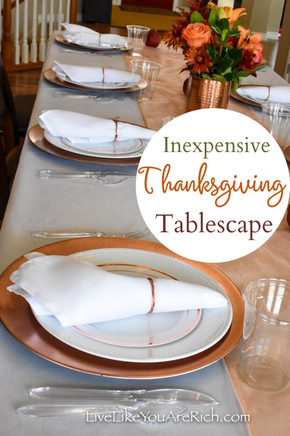  If you don’t have fine china, crystal, and real silverware, you can still have a nice looking tablescape! This inexpensive thanksgiving tablescape cost less than $35.00 to put together, plus there was little-to-no clean up. I’ll share my money-saving tips below. Here is how to create a nice looking yet inexpensive tablescape for under $35.00. #thanksgiving #thanksgivingtablescape