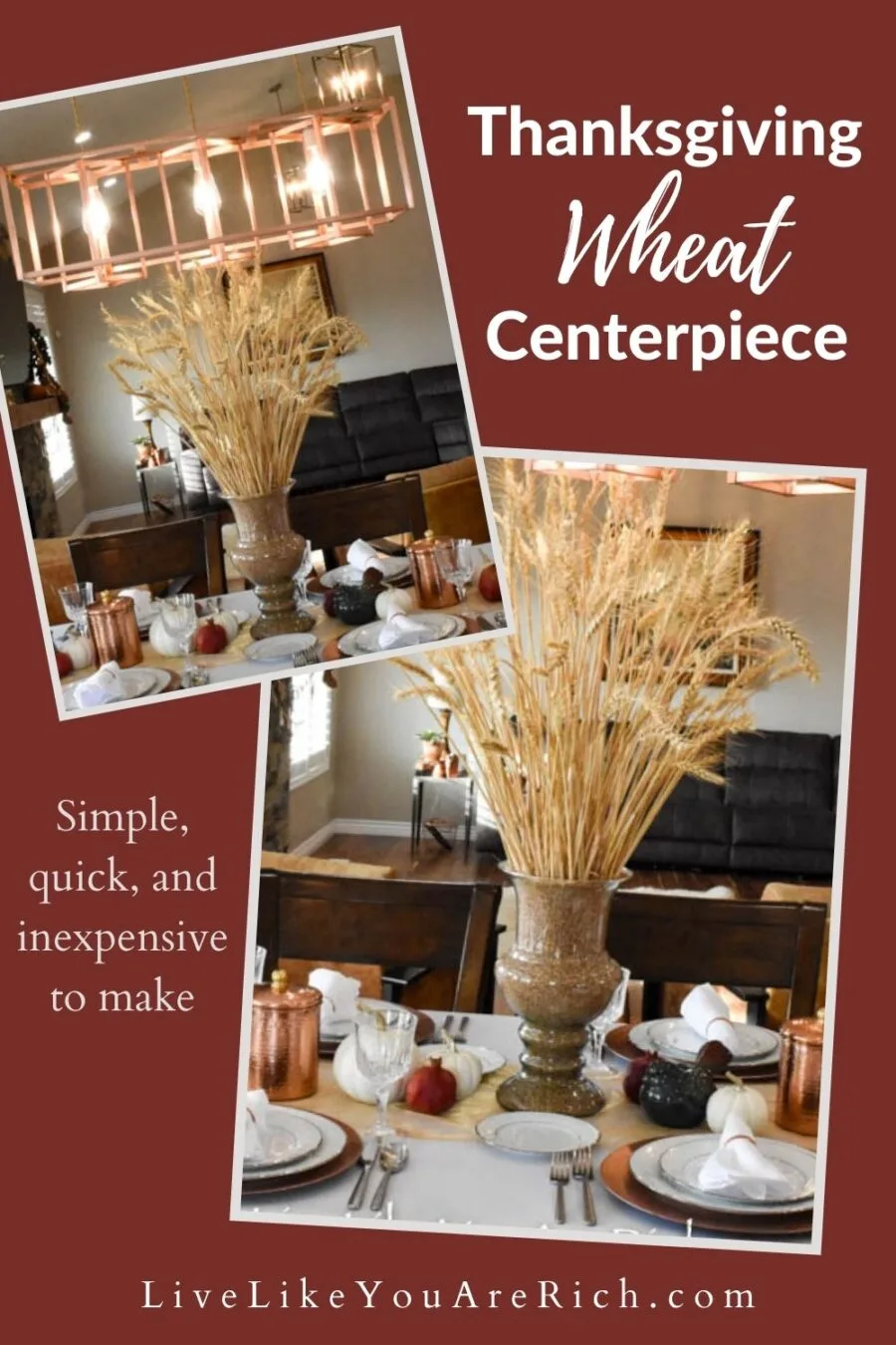 This is a very simple, quick, and inexpensive Thanksgiving Wheat Centerpiece that is affordable, and fun to decorate with. I hope it turns out well for you too. #thanksgiving #thanksgivingwreath 