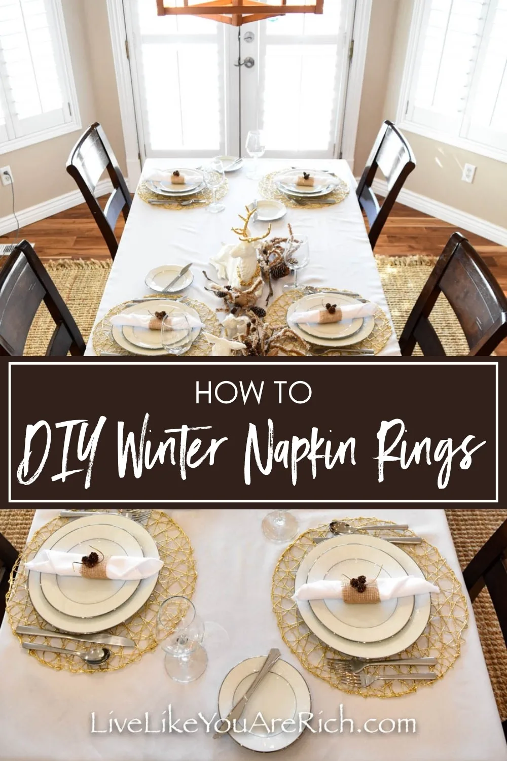 Recently, I decided to make these DIY Winter Napkin Rings to match my white winter tablescape. These napkin rings came together pretty last minute. I had about 2 hours before some family arrived for a Christmas dinner and I still hadn’t set the table or finished the food! It only takes 45 minutes to make 10 of these napkin rings.