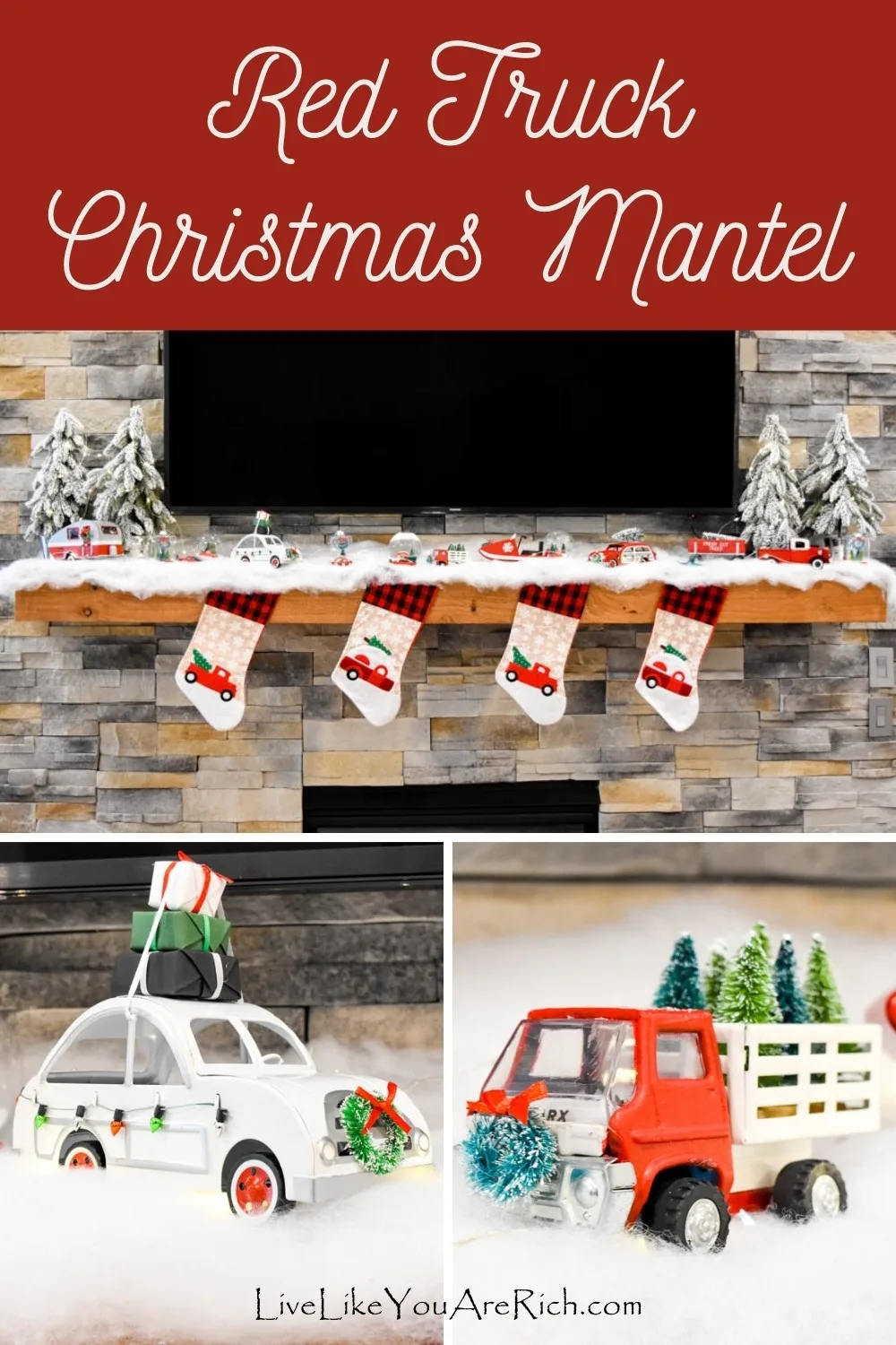 This year, 2020, I made a Red Truck Christmas Mantel scene above my fireplace. Over the past couple of years, the Red Truck Christmas tree decor started popping up here and there. Whenever I saw it, I thought it was so cute! I don’t always hop on the trendy-decor-bandwagon, but with this theme I totally did because I love it.