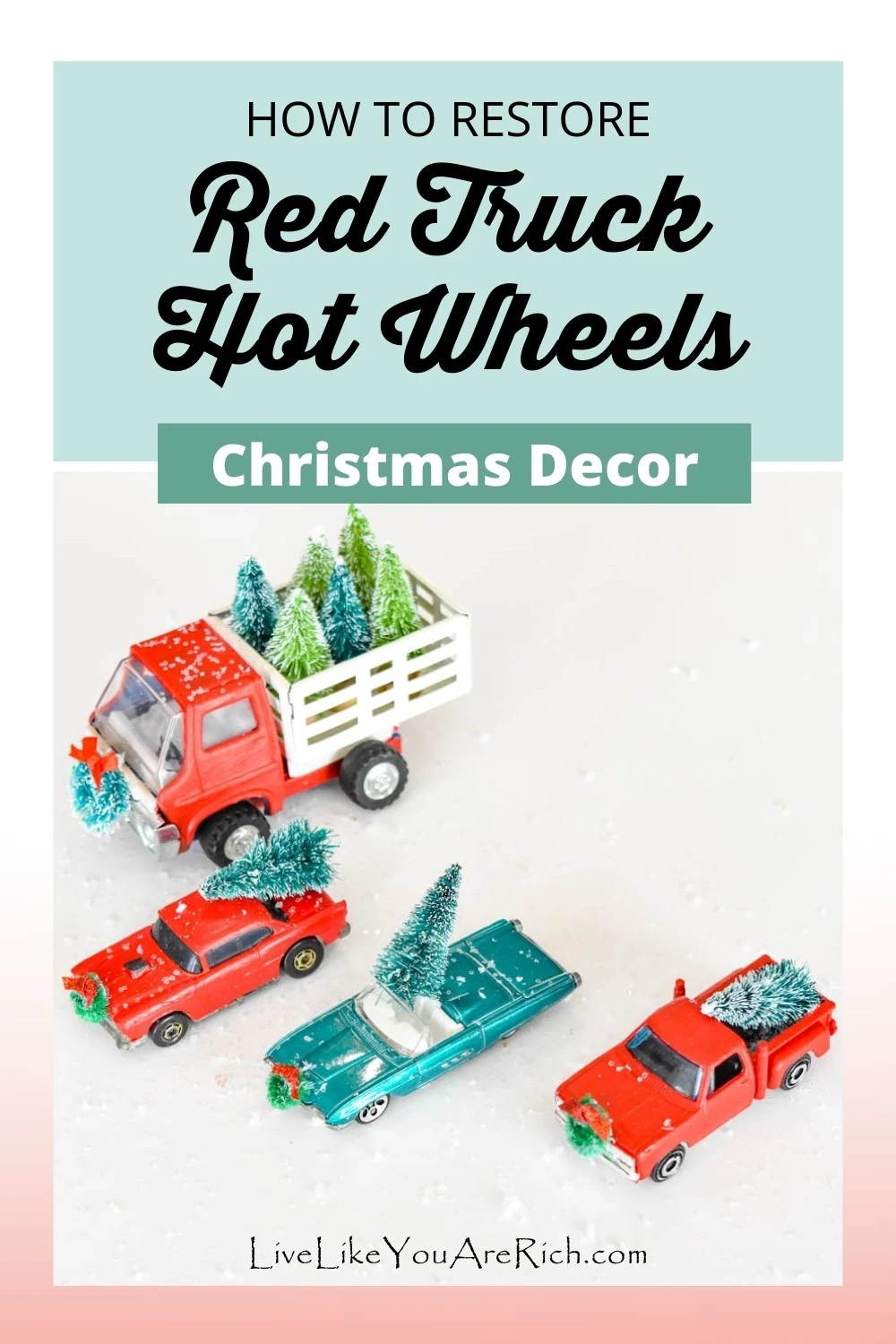 This Christmas red truck hot wheels restoration craft is fun, inexpensive and quick. Plus, they make really cute decorations when finished. I don’t always decorate with “trendy” decorations. However, I couldn’t help but decorate in the Red Truck Christmas theme this year. It is the right balance of vintage and cutesy, fun and classy.