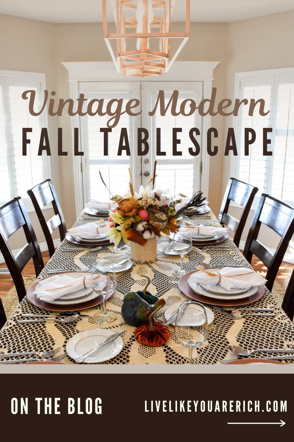 This vintage modern fall tablescape is a combination of a style of decorating when one mixes and decorates with old style and new style items. Together they create a fun and unique look that is called vintage modern.