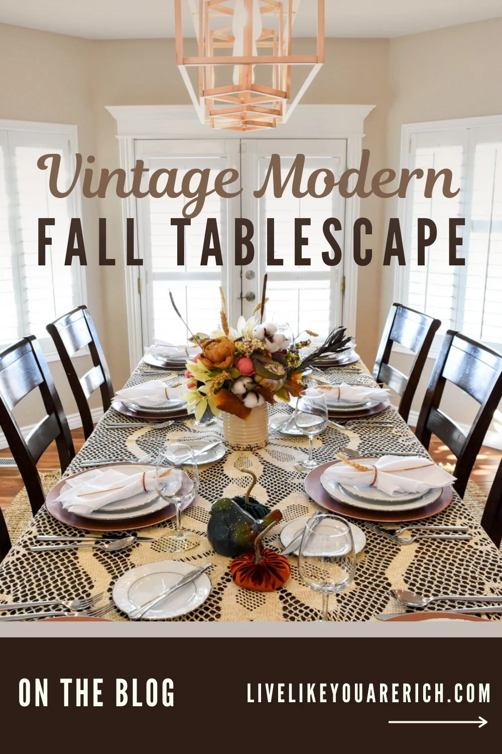 This vintage modern fall tablescape is a combination of a style of decorating when one mixes and decorates with old style and new style items. Together they create a fun and unique look that is called vintage modern.