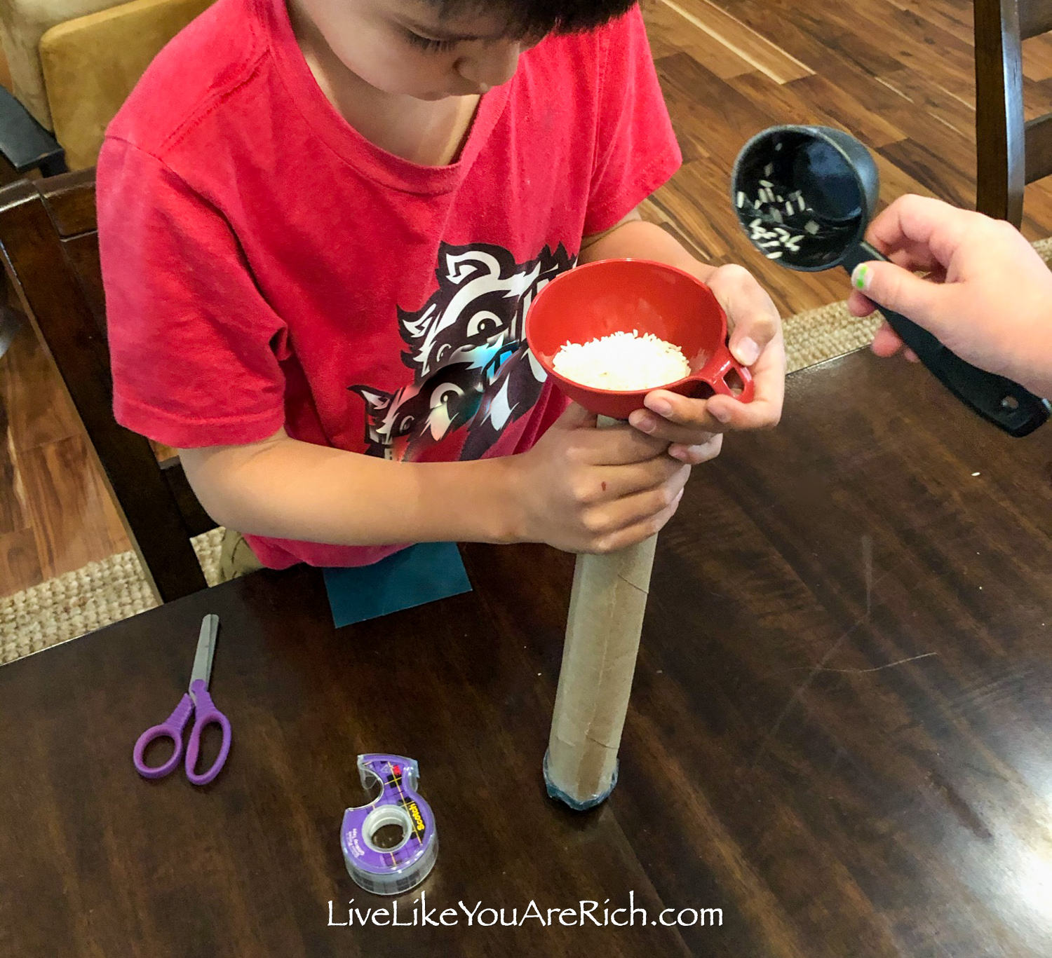 DIY rainstick for kids filled with rice