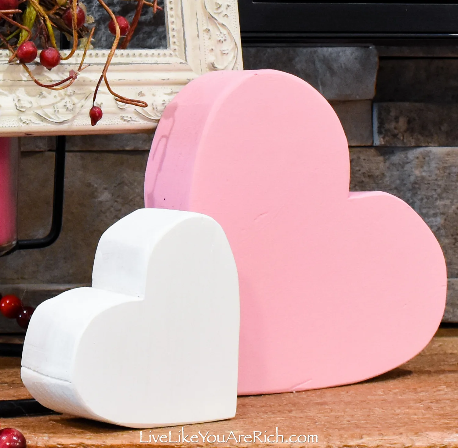 DIY Wood Block Hearts painted with white and pink