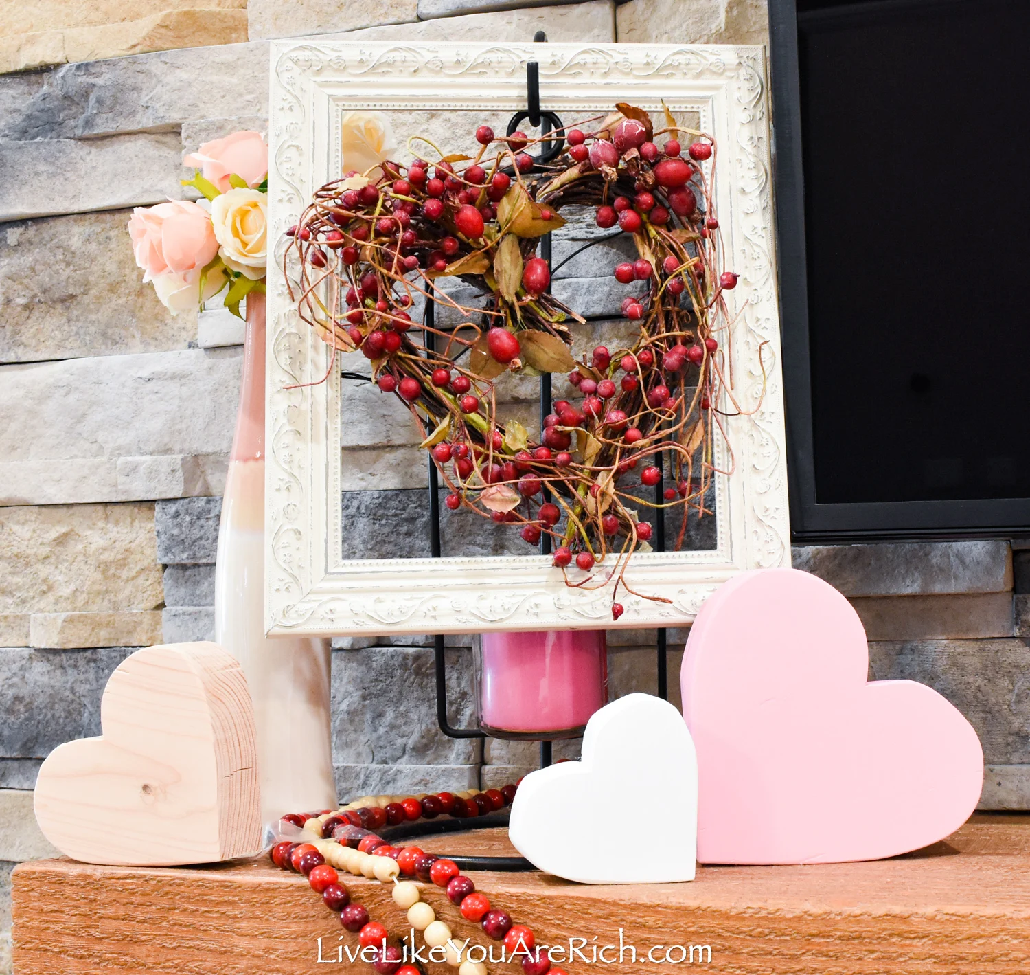 Valentine's day mantel decor wood heart shape 