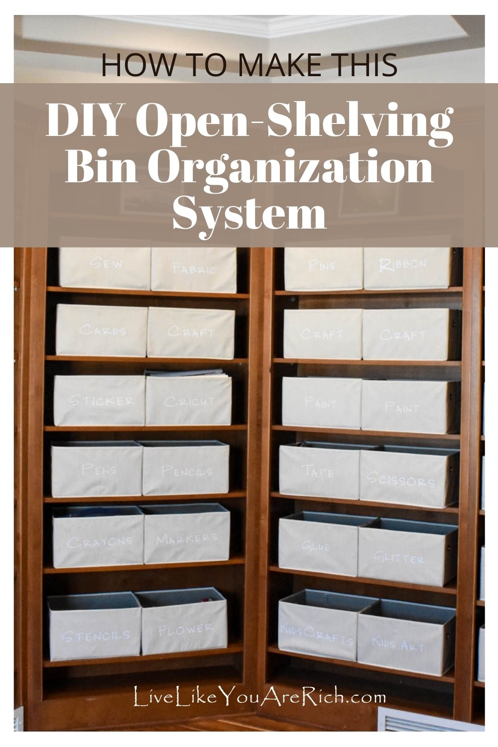 While renovating my office, I though of multiple ways to organize our open shelves/built-in shelving. Ultimately, I decided on this DIY open Shelving Bin Organization system. I have loved it! With my DIY open shelving bin labeling system, I can see what I have in each tote very easily. This system has been convenient, aesthetically pleasing and efficient.