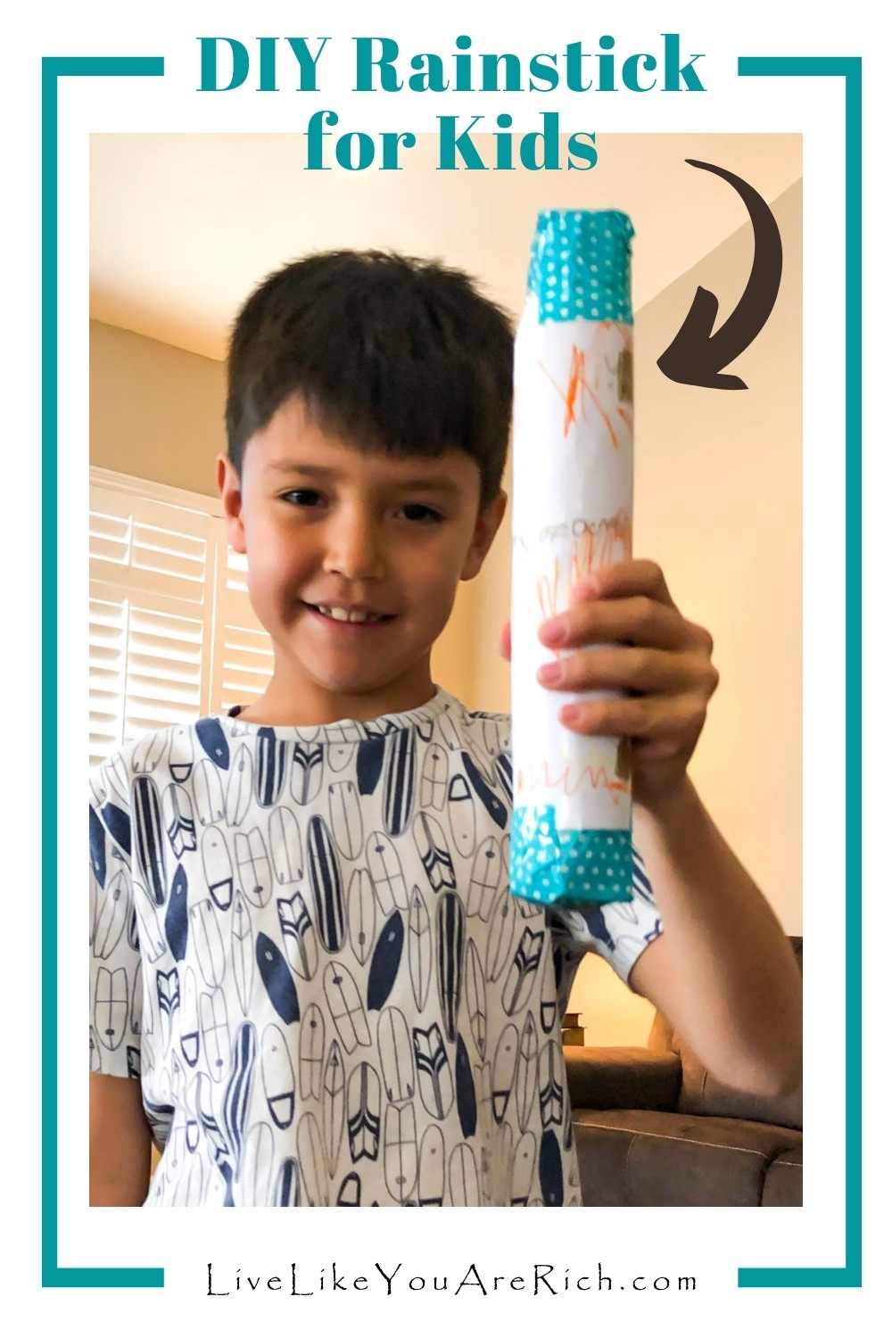 This DIY Rainstick for Kids craft was fun, inexpensive, and quick to make.  My two older kids each made a rainstick and then together we made one that we modified for the baby using a puff container. This was a very fun craft to make together. 