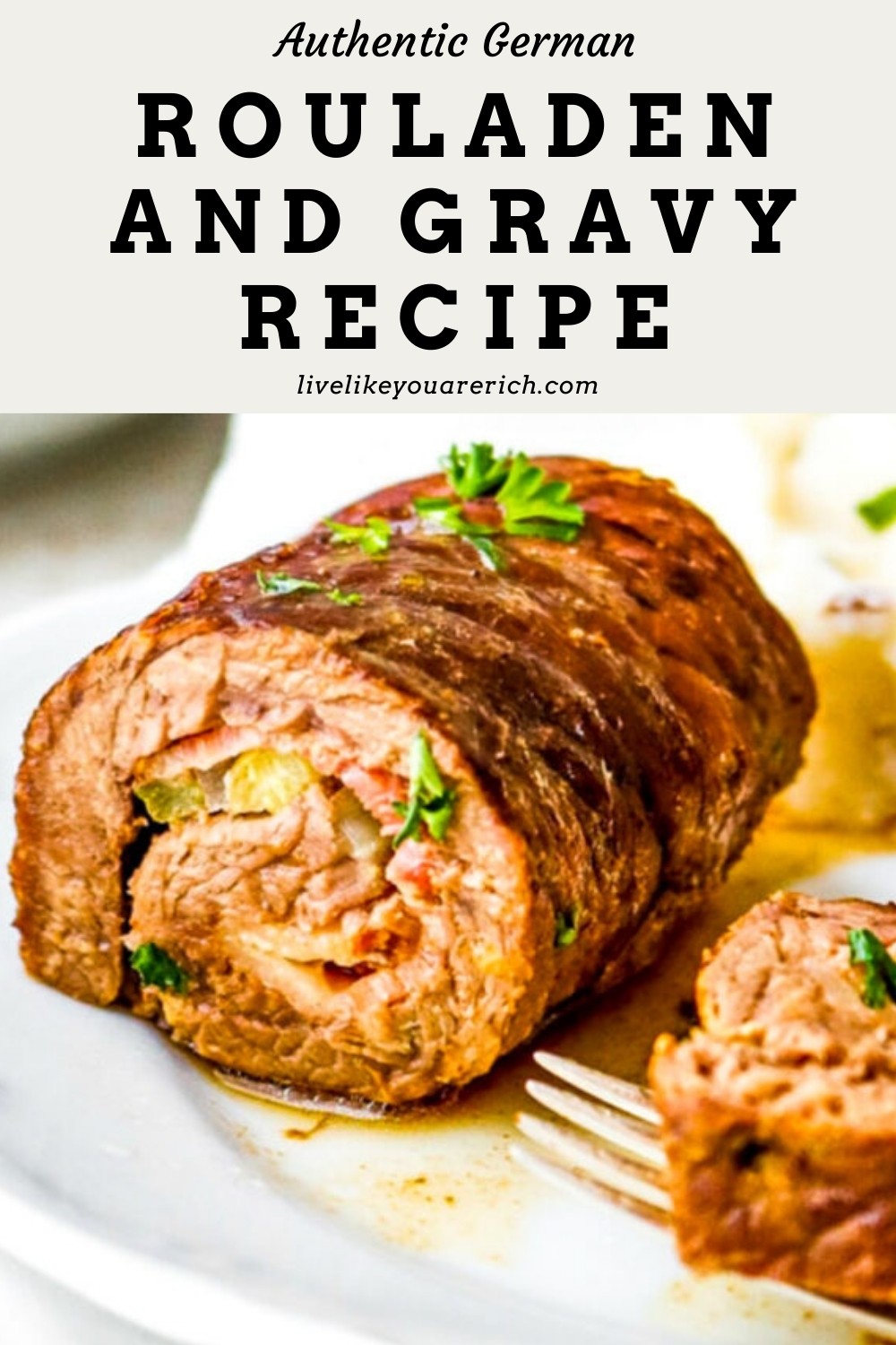 An authentic German beef roll filled with delicious flavors and simmered in a skillet. Once cooked, the simmering drippings are easily turned into a delicious gravy to serve on top of the Rouladen.