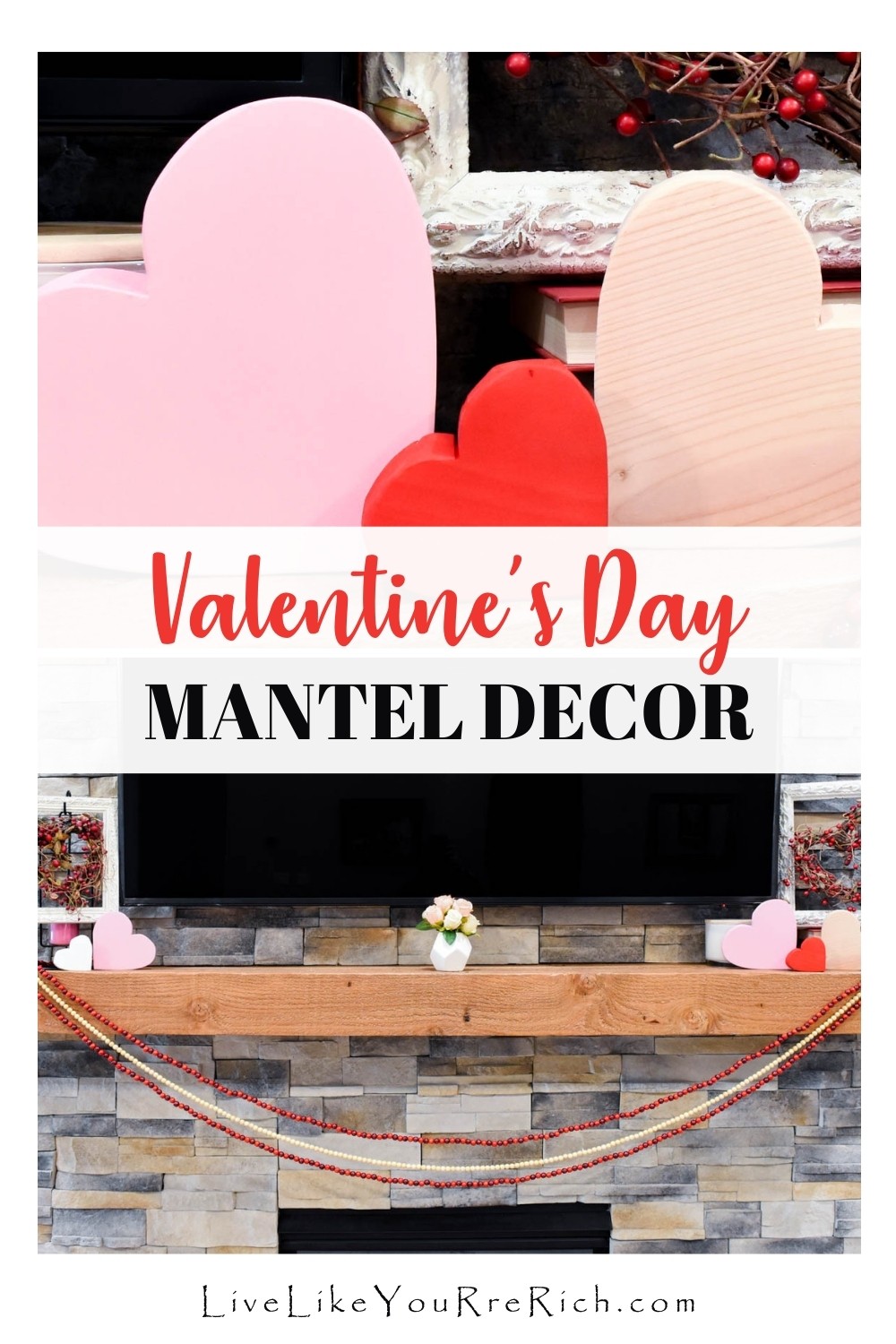 This Valentine’s Day Mantel Decor is styled in a shabby chic decorating style. I think it turned out quite cute. Although I don’t often decorate shabby chic, I think it is a super cute decor style. 