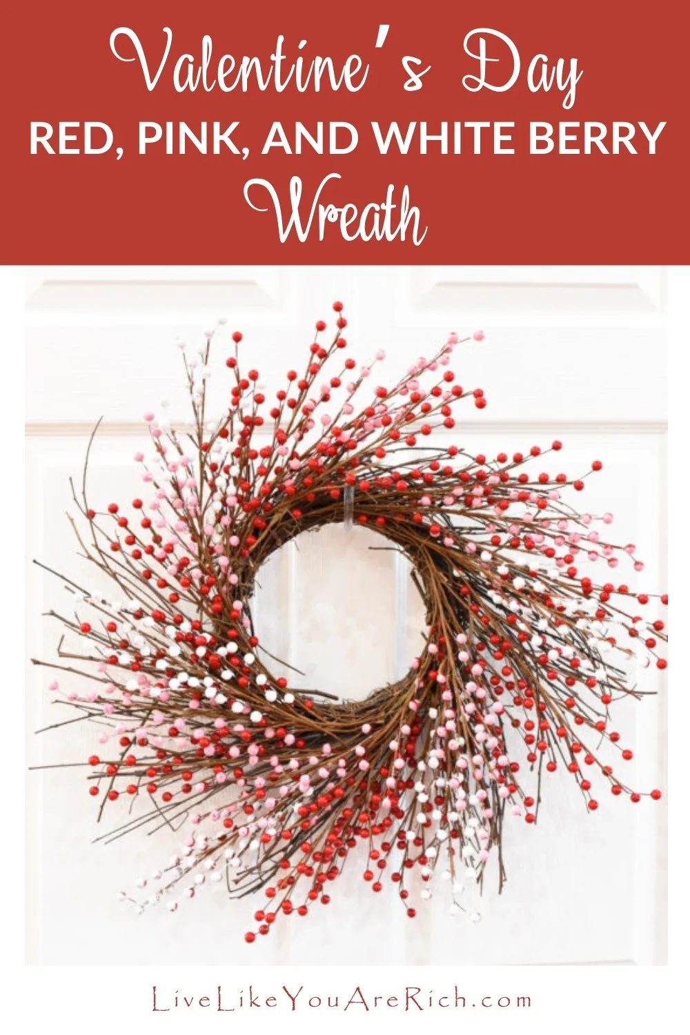 This Valentine’s Day Red, Pink, and White Berry Wreath is one of my favorite wreaths I’ve ever made. I love the natural yet feminine vibe. I love its shape and simplicity. Sometimes Valentine’s Day decor is a little overly plastic and cheesy. I really like subtleness of this wreath. 