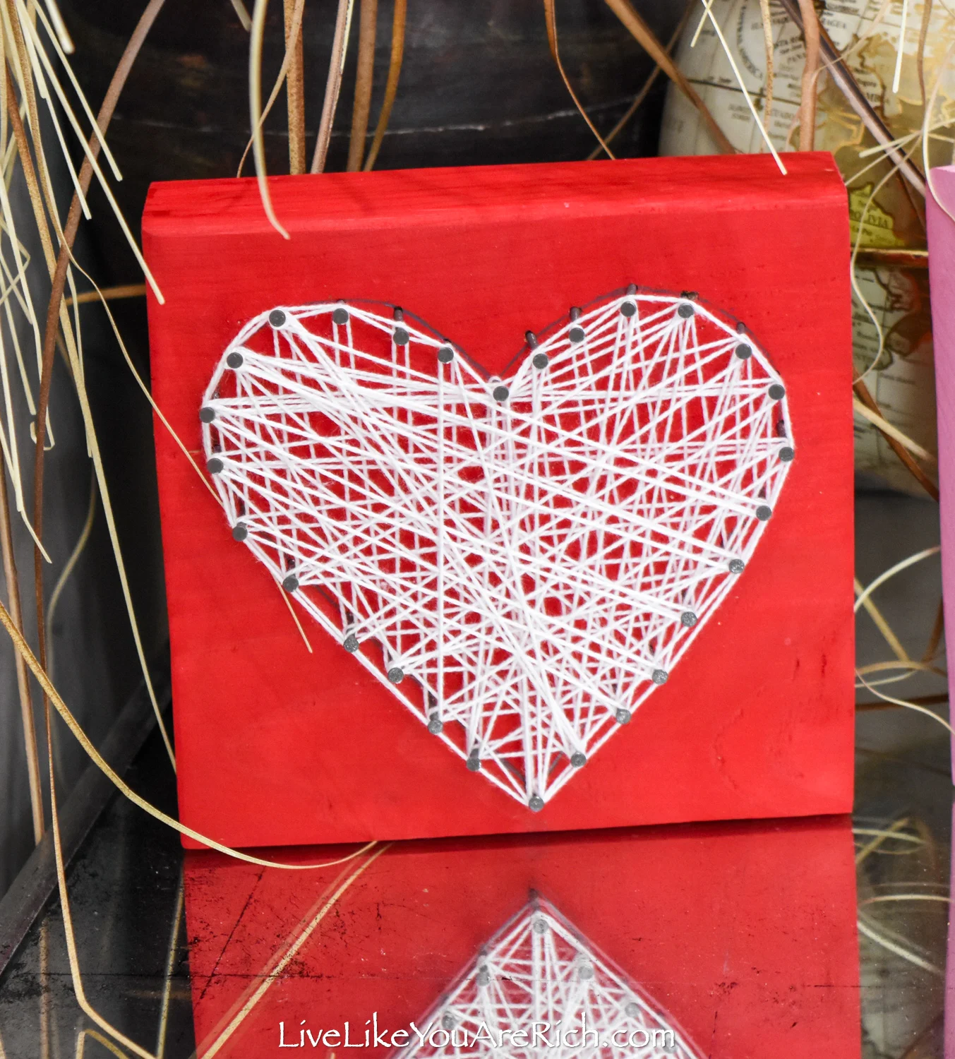 Valentine's String Heart Craft in red wood